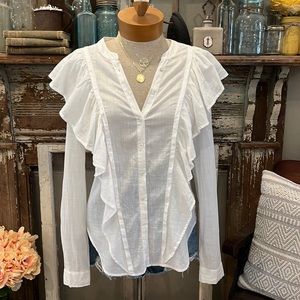 PAIGE FARREN RUFFLE SHOULDER & BODICE Button Front Mandarin Collar SHIRT Blouse